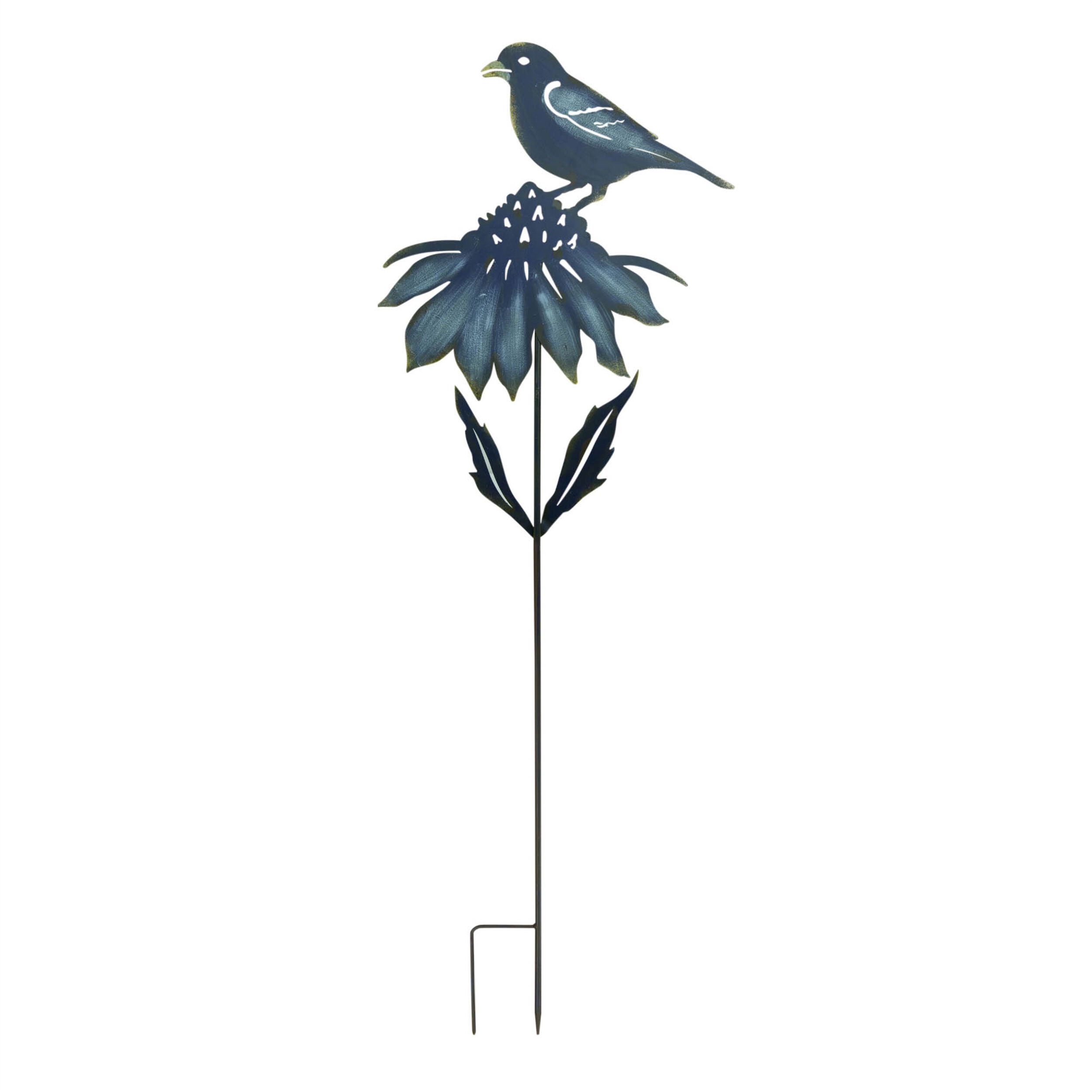 Iron Metal Cut Out Bird and Flower Garden Stake Set of 2, BLUE GOLD, alternate image number 2