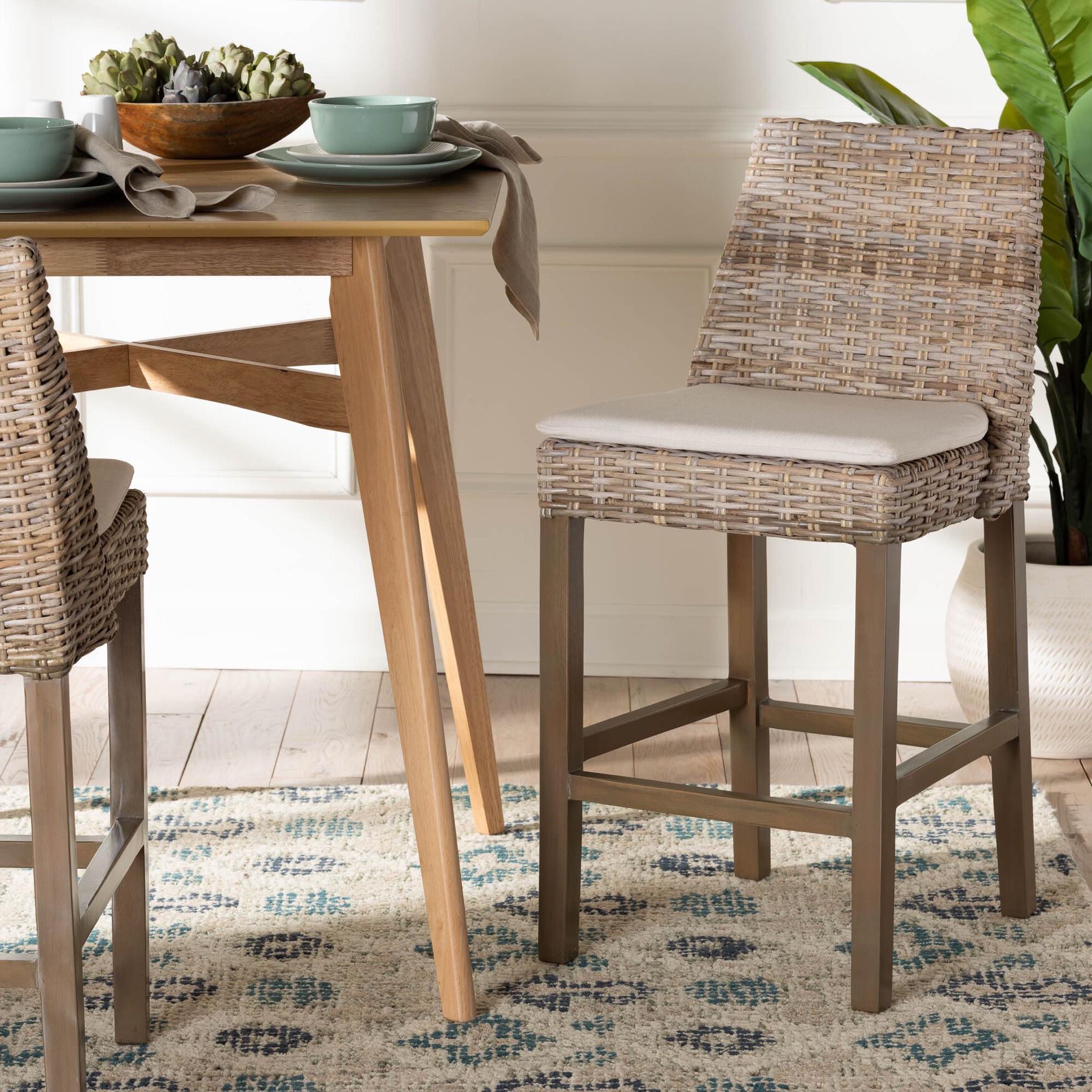 Toby Modern Bohemian Grey Kubu Rattan And Rustic Taupe Finished Mahogany Wood Counter Stool, , alternate image number 6