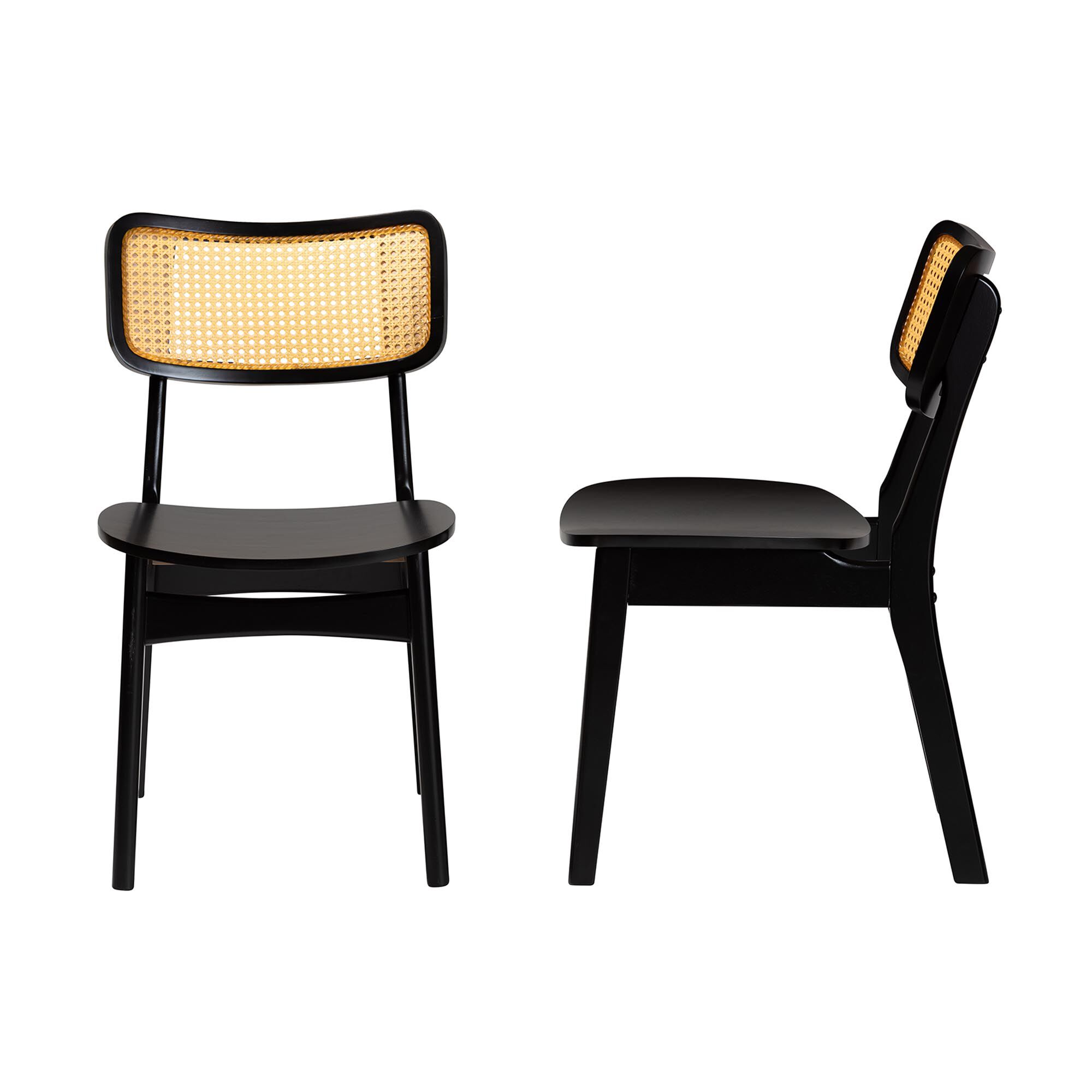 Tafari Mid-Century Modern Walnut Brown Finished Wood and Rattan 2-Piece Dining Chair Set, BROWN, alternate image number 4