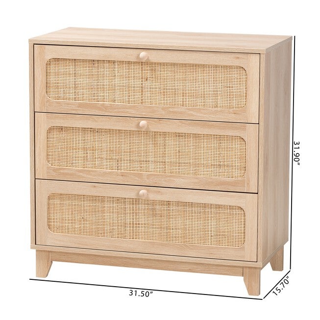 Elsbeth Japandi Oak Brown Finished Wood And Natural Rattan 3-Drawer Storage Cabinet, , alternate image number null