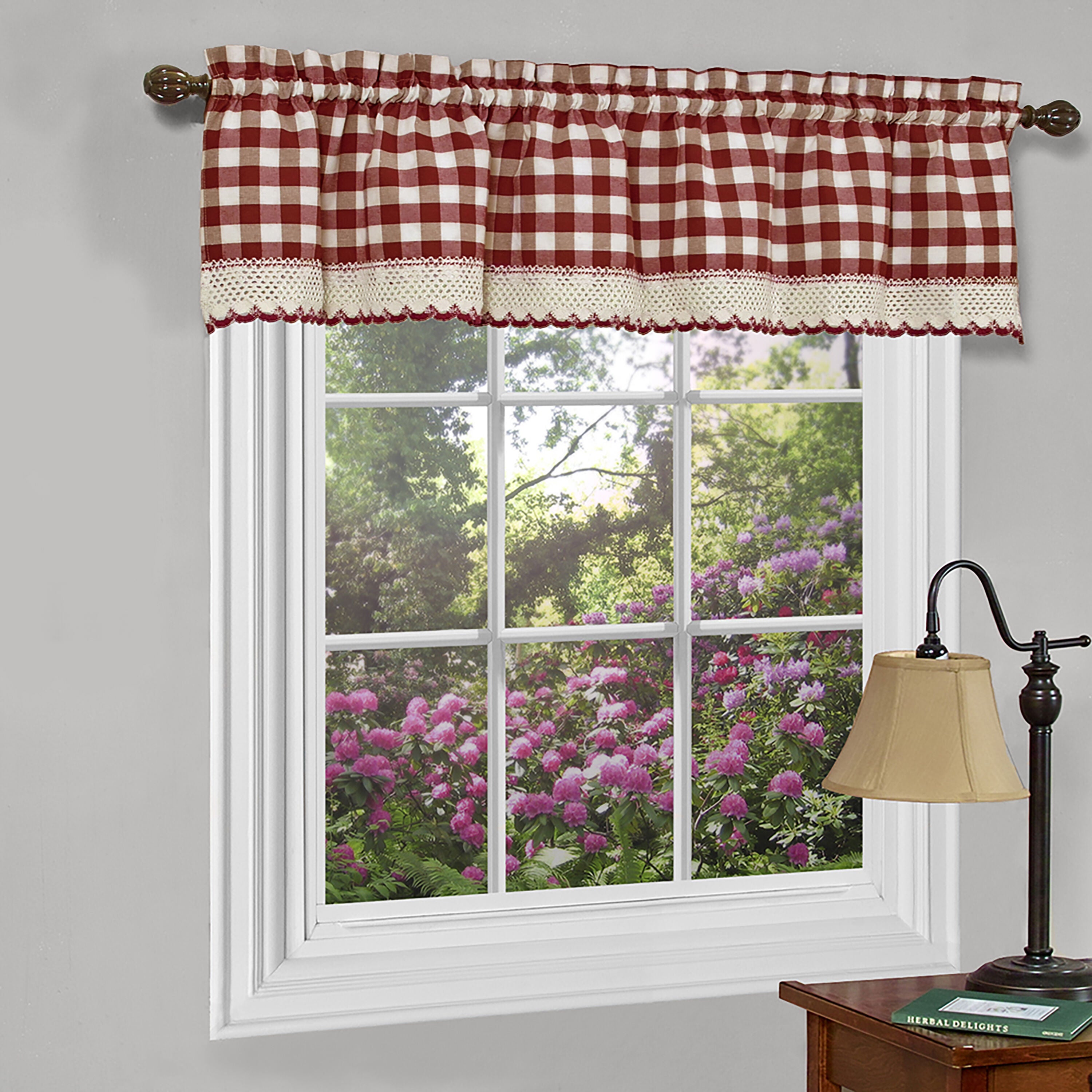 Buffalo Check Window Curtain Valance, BURGUNDY, hi-res image number 0