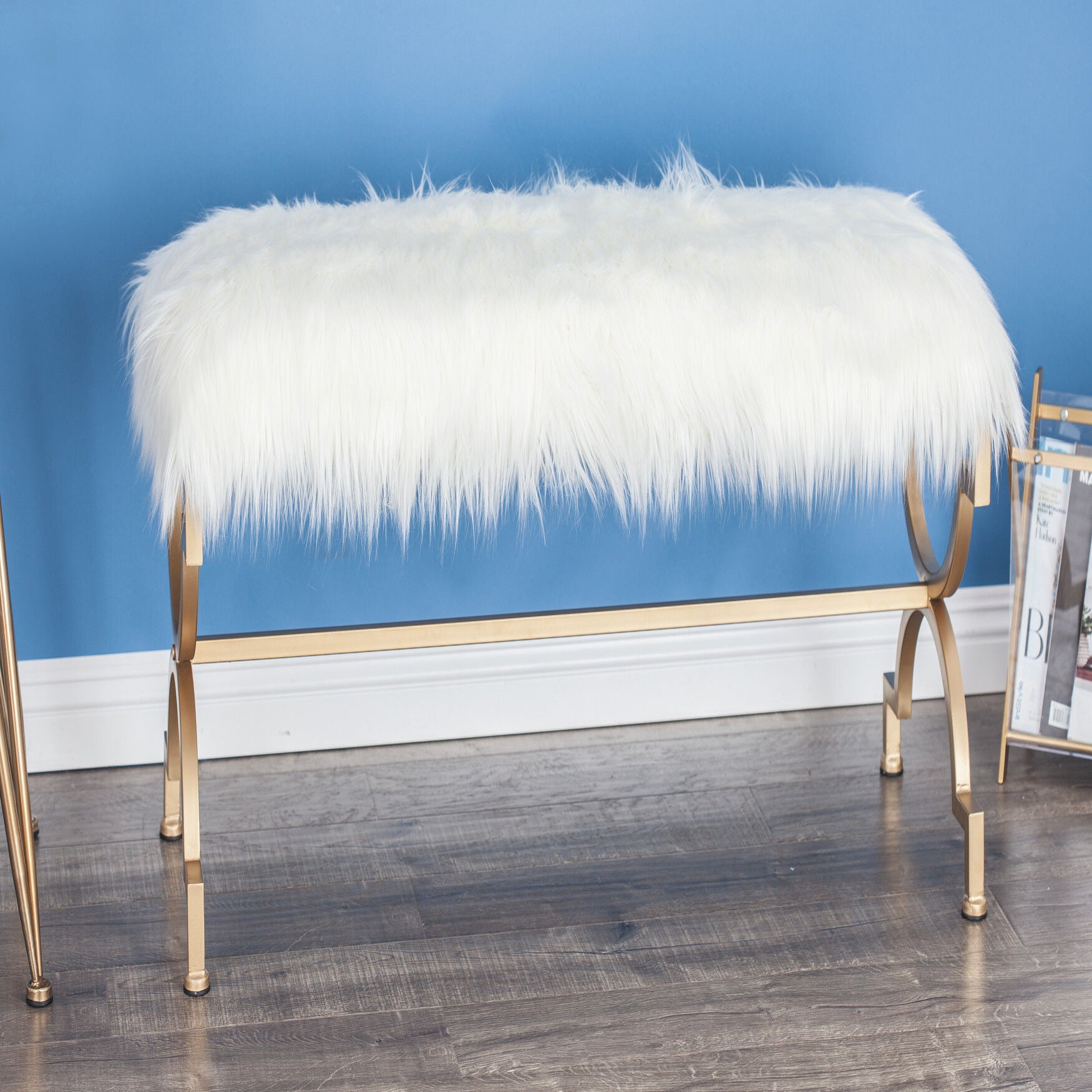 White Fur and Metal Contemporary Bench, 20x42x17, , alternate image number 7