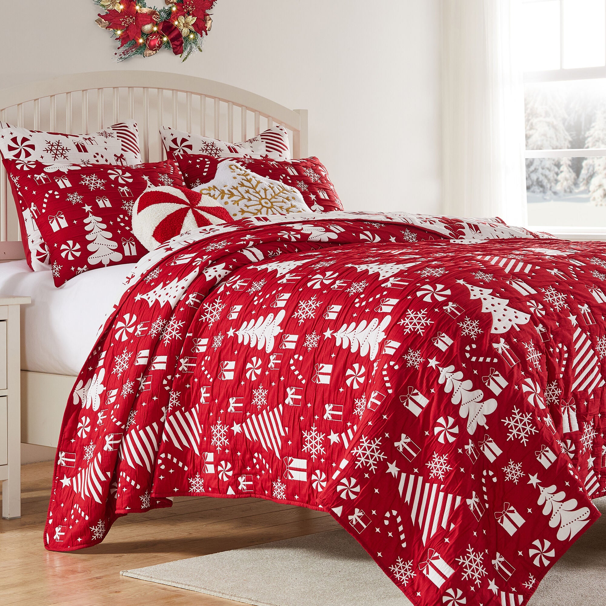 Novelty Holiday Matelass&eacute; Coverlet Set, PEPPERMINT PARTY, hi-res image number 0