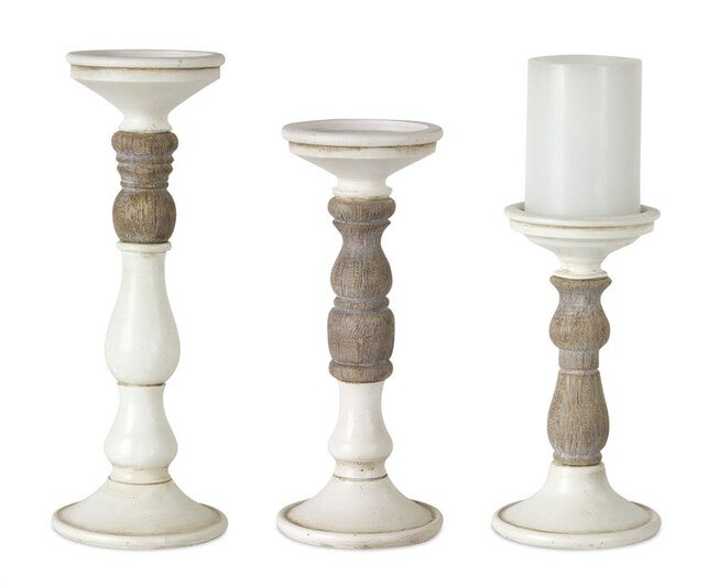 Ivory Candle Holder with Wood Accent (Set of 3), WHITE/BROWN, hi-res image number null