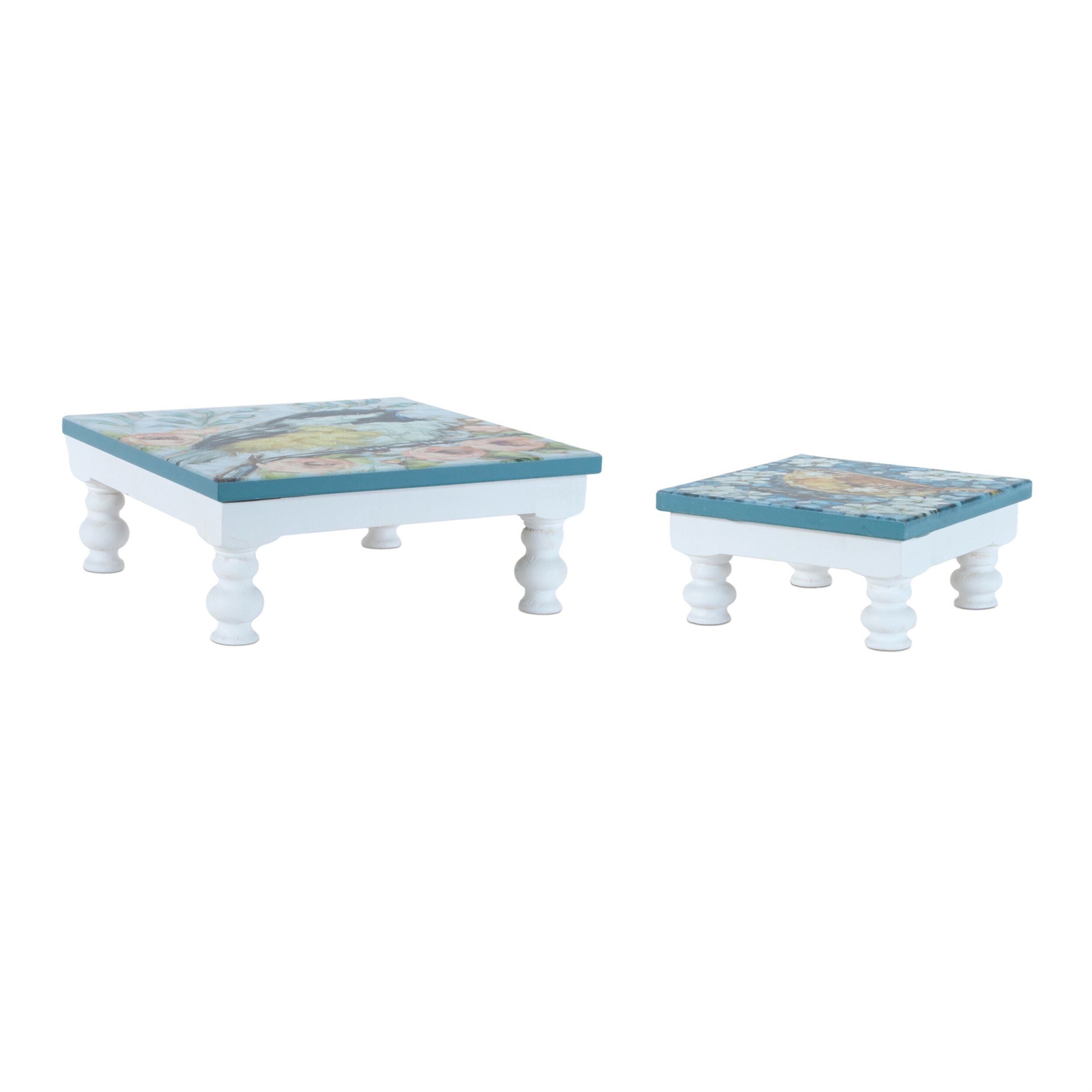 Wooden Floral Bird Pedestal Tray Set of 2, BLUE WHITE, hi-res image number 0