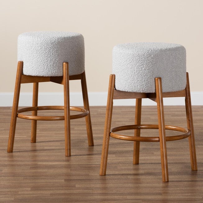 Olwen Modern Japandi Light Grey Boucle Fabric And Walnut Brown Finished Wood 2-Piece Bar Stool Set, , alternate image number null