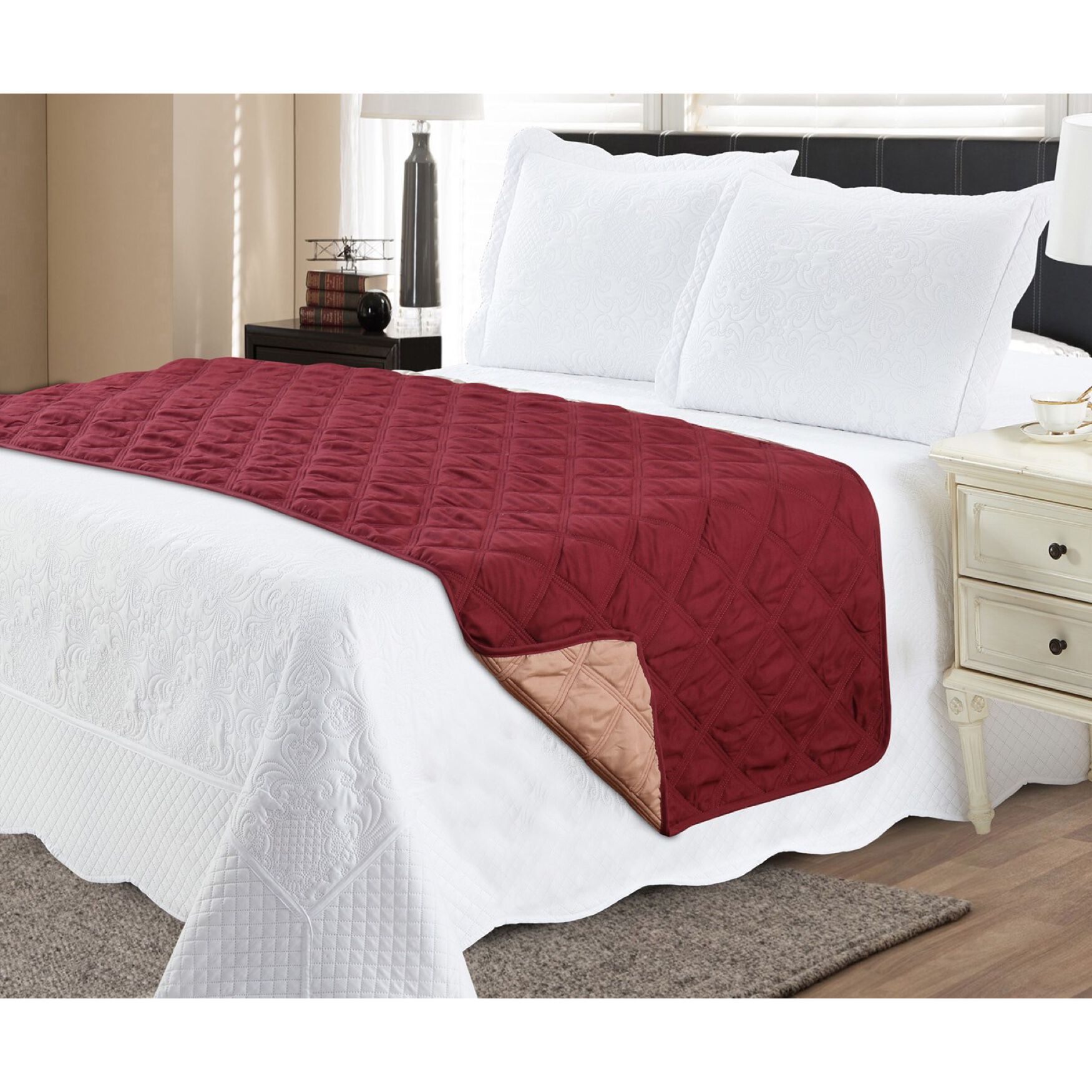 Solid Reversible Quilted Bed Runner Protector, WINE MOCHA, hi-res image number 0