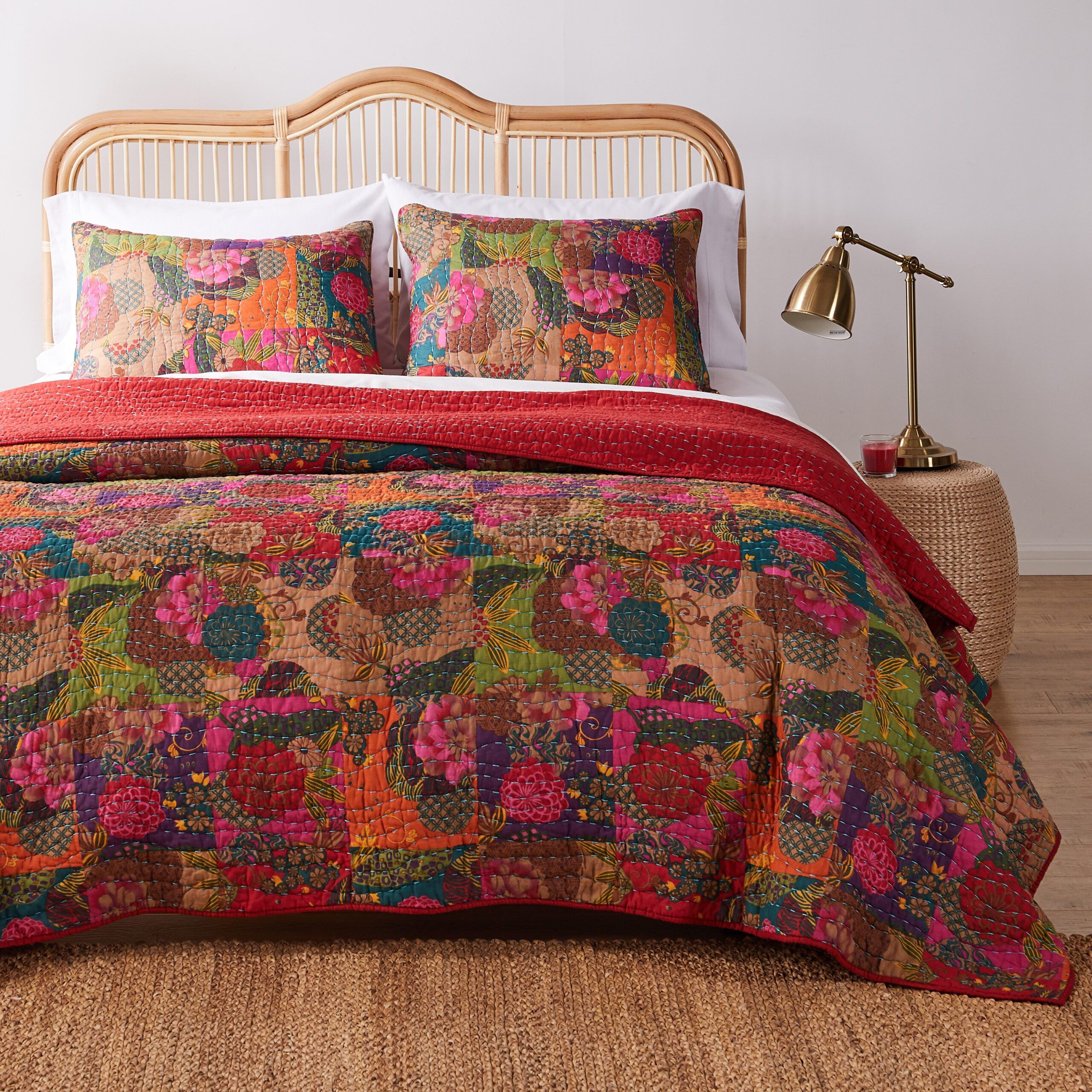 Jewel Floral 100% Cotton Kantha Quilt Set, RED, hi-res image number 0