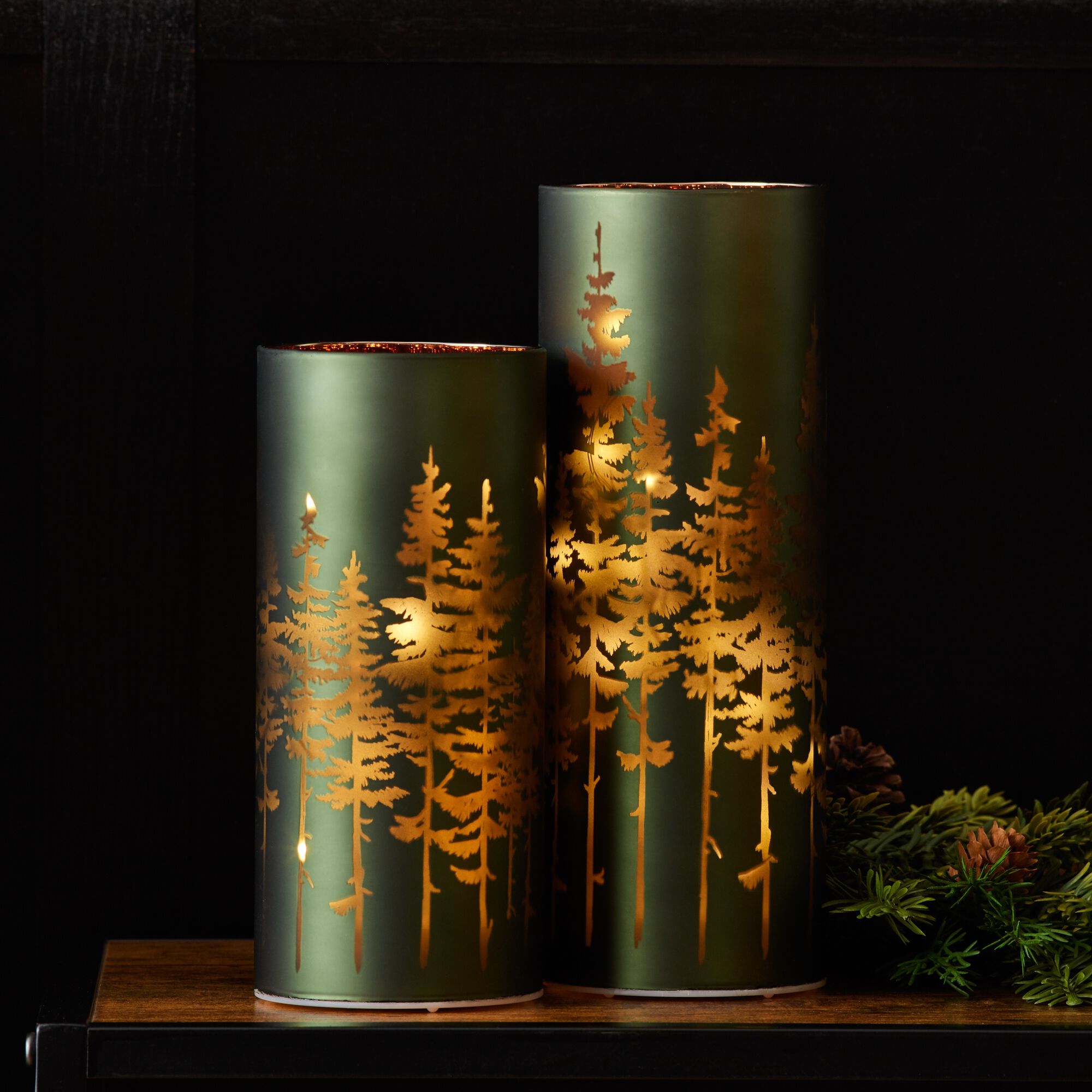 Frosted Pine Trees Glass Candle Holder (Set of 2), GREEN, alternate image number 1