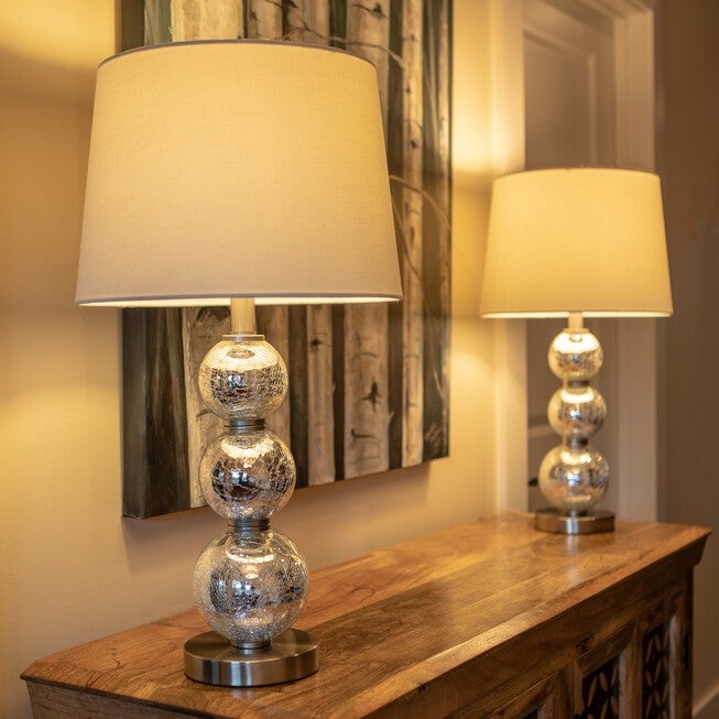 1 Set Mirrored Crackle Mercury Tri-Tiered Glass Table Lamp White Linen Hardback Shade , , alternate image number null