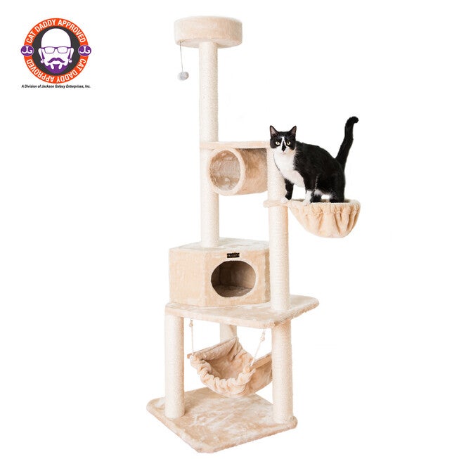 Real Wood 72 inches Cat Tower Entertainment Furniture With Lounge Basket, Perch, BEIGE, hi-res image number null
