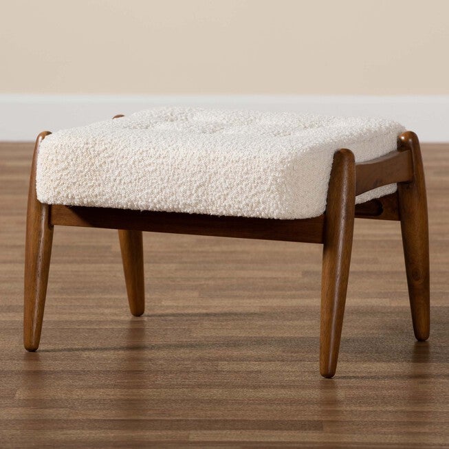 Jeanine Japandi Cream Boucle Fabric And Walnut Brown Finished Rubberwood Ottoman Footstool, , alternate image number 5