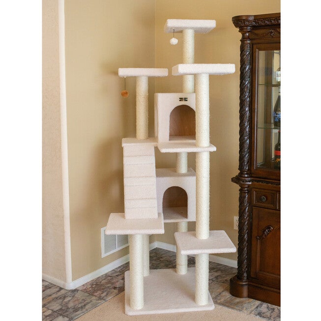 Classic 77 inches Multi Levels Real Wood Cat Tree With Ramp, Three Perches, Two Condos, , on-hover image number null