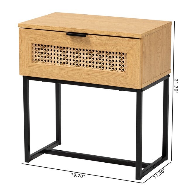 Sawyer Mid-Century Modern Industrial Oak Brown Finished Wood And Black Metal 1-Drawer End Table With Natural Rattan, , alternate image number null
