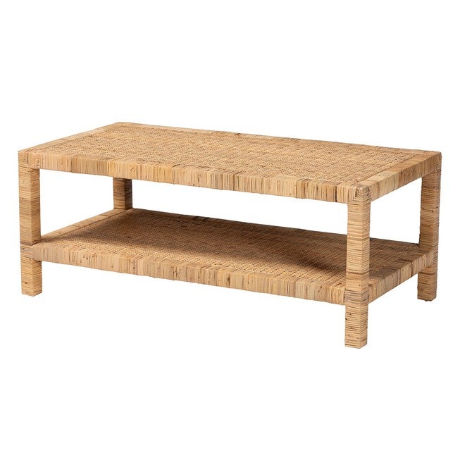 Kalimantan Bohemian Light Honey Rattan and Mahogany Wood Rectangle Coffee Table, LIGHT, alternate image number 1