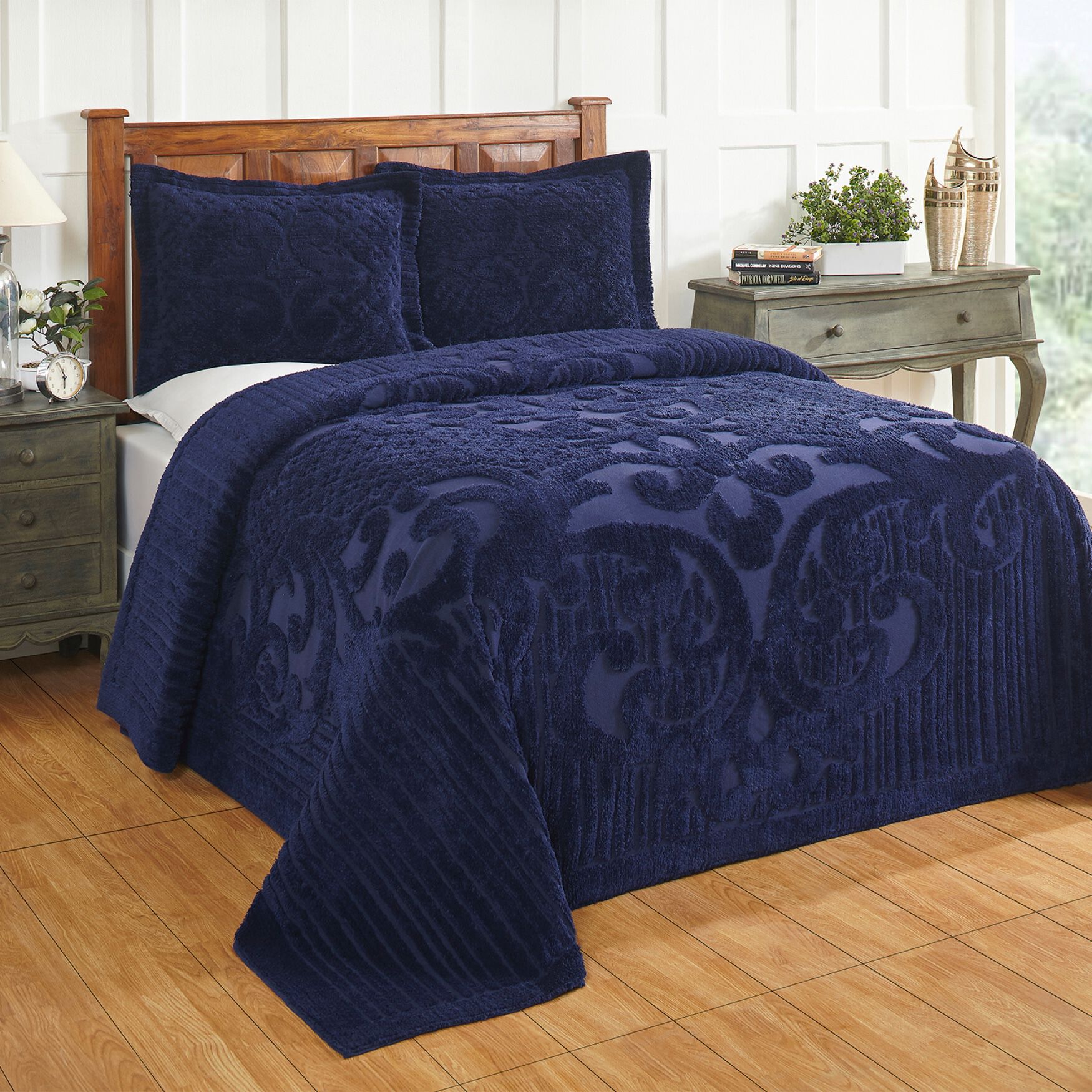 Ashton Collection 100% Cotton Medallion Bedspread Set, NAVY, hi-res image number 0