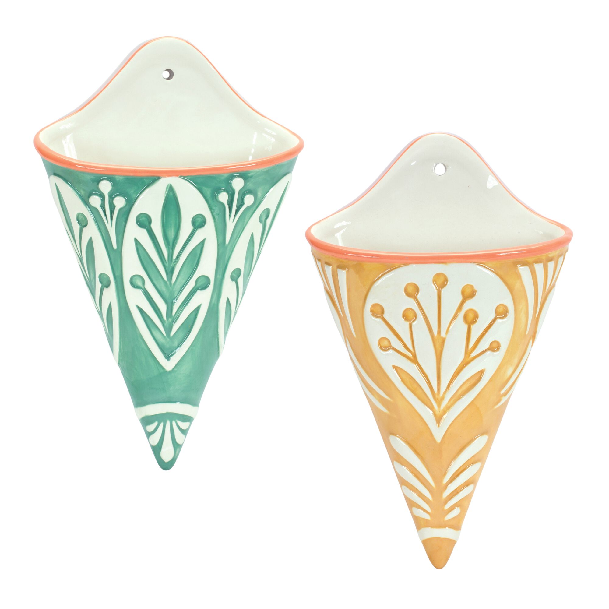 Wall Pocket (Set of 2) 6.25 inchesL x 10.5 inchesH Ceramic, GREEN WHITE YELLOW, hi-res image number 0