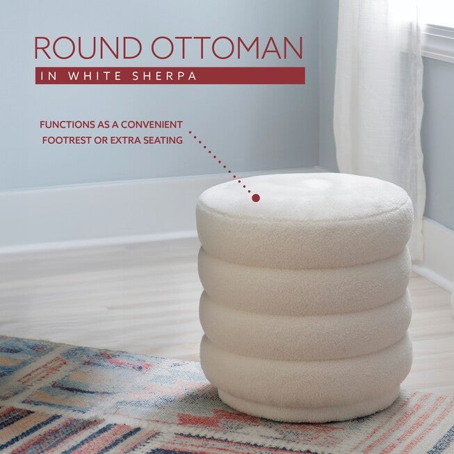 Kathy White Sherpa Round Ottoman Ottomans, , alternate image number null