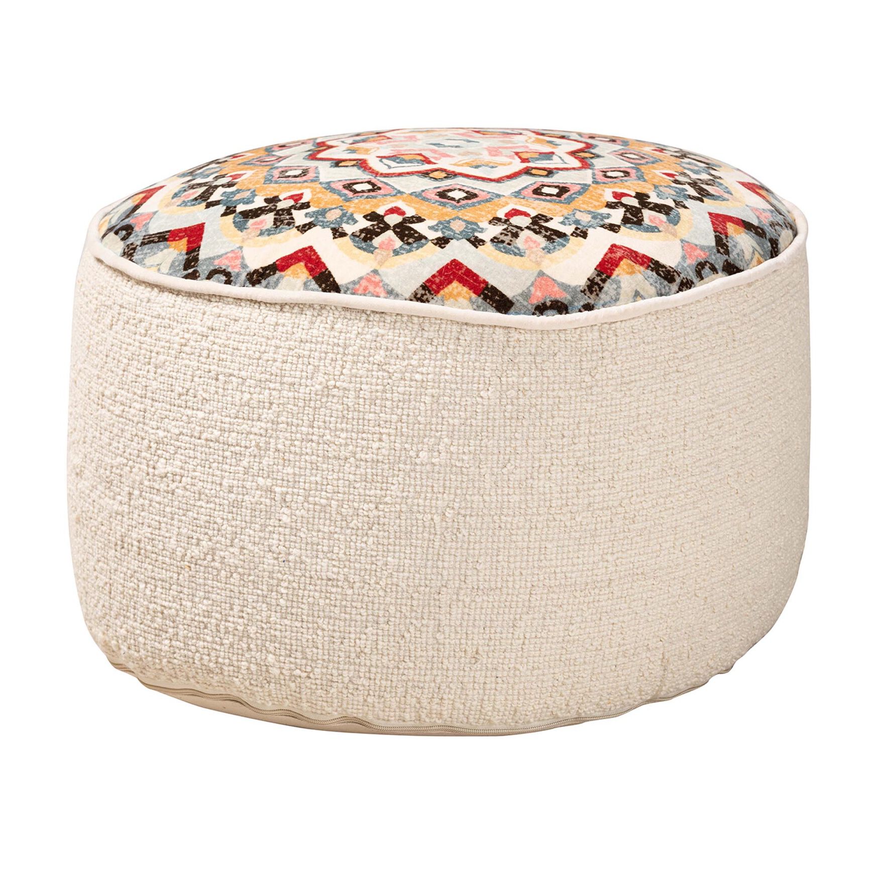 Durrus Vintage Cream And Multicolor Fabric Ottoman Pouf, CREAM MULTI, hi-res image number 0
