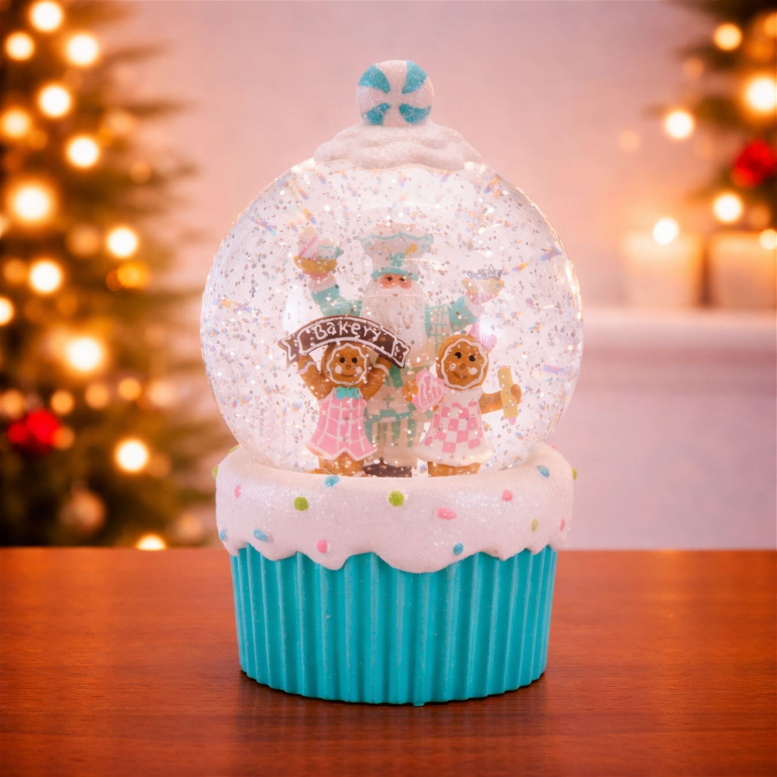 LED Santa & Gingerbread Bakery Snow Globe 7.5 inchesH, WHITE BLUE, alternate image number 2