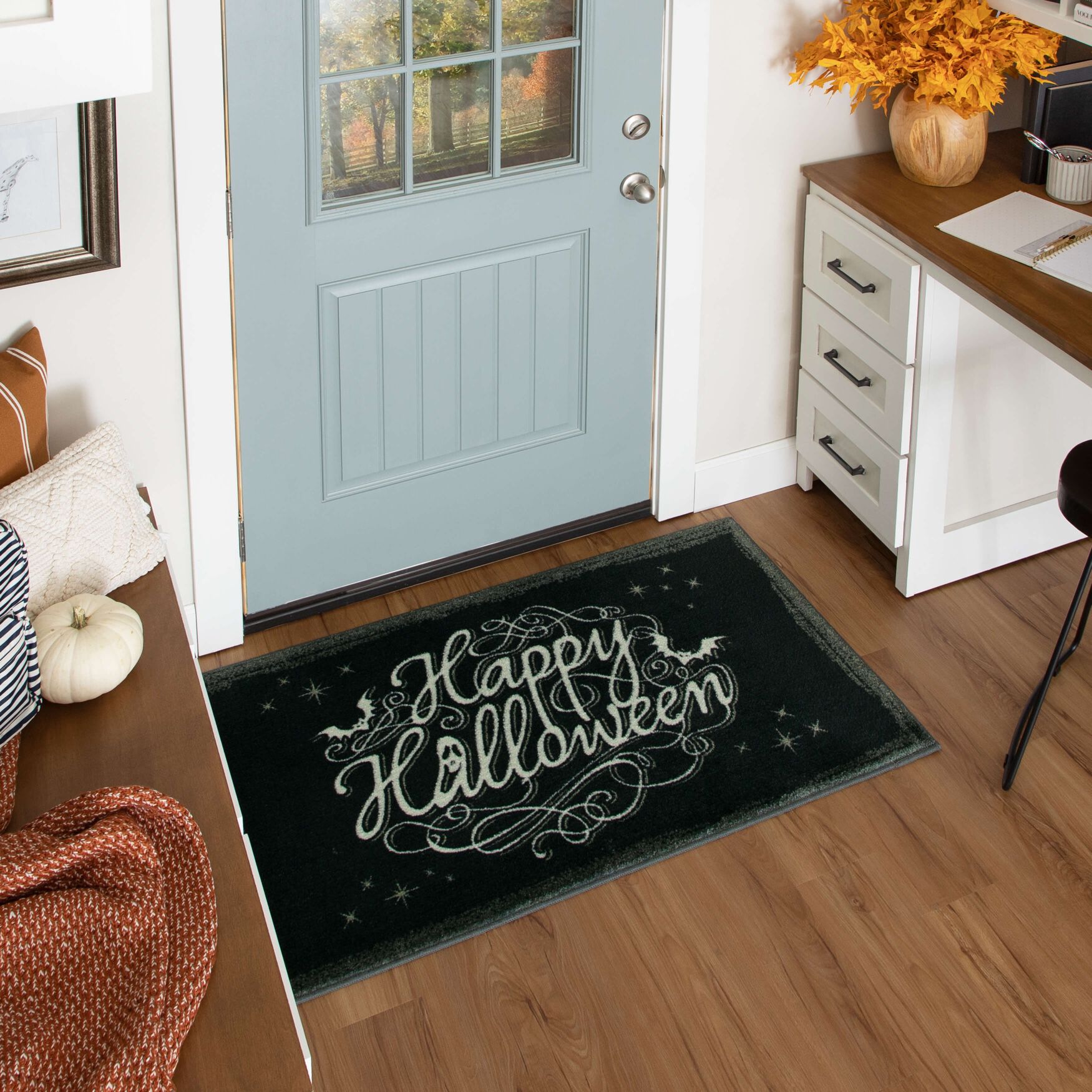 Bat Script Black Kitchen Rug, , alternate image number 5