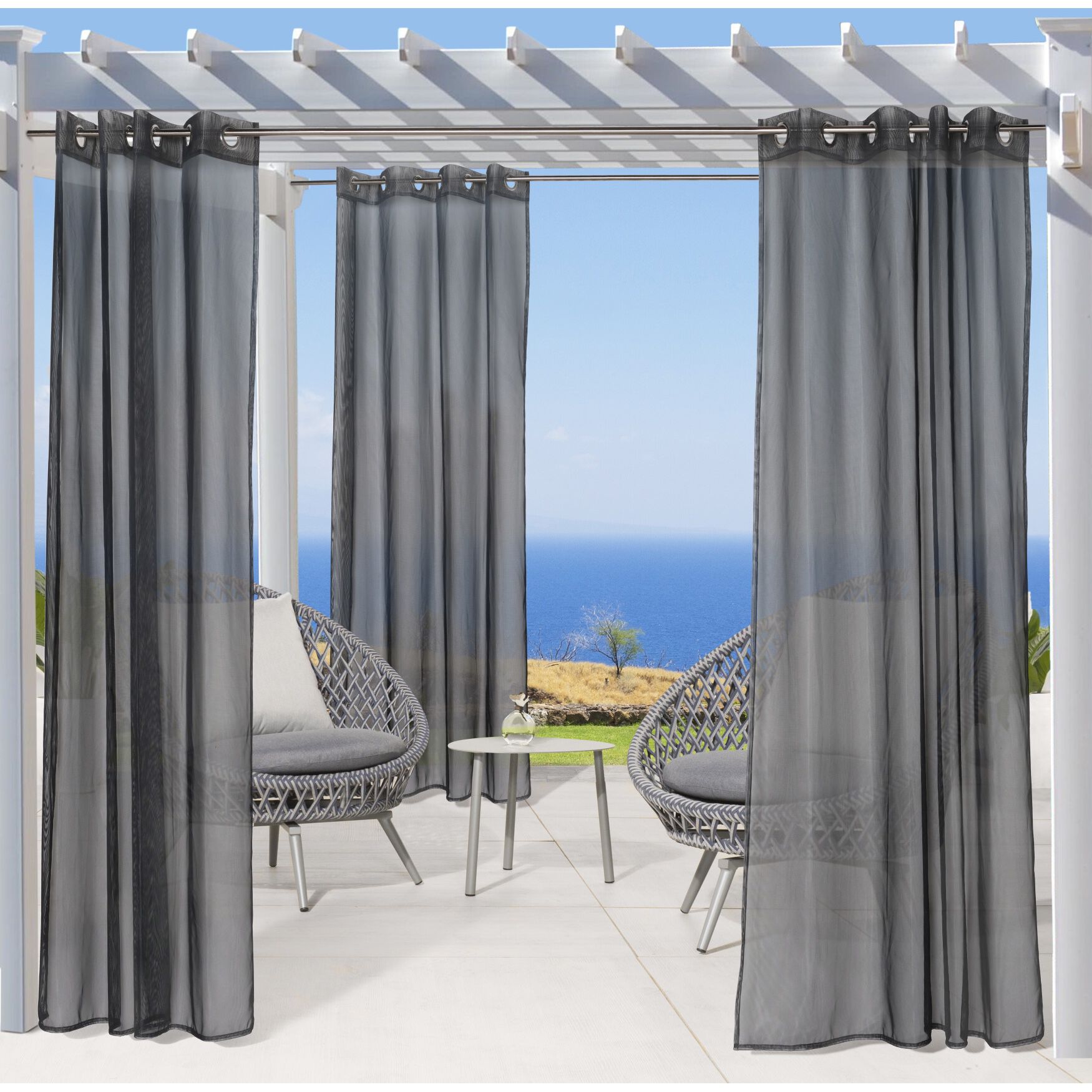 No Se'Em Sheer Grommet Outdoor Curtain Panel, BLACK, hi-res image number 0