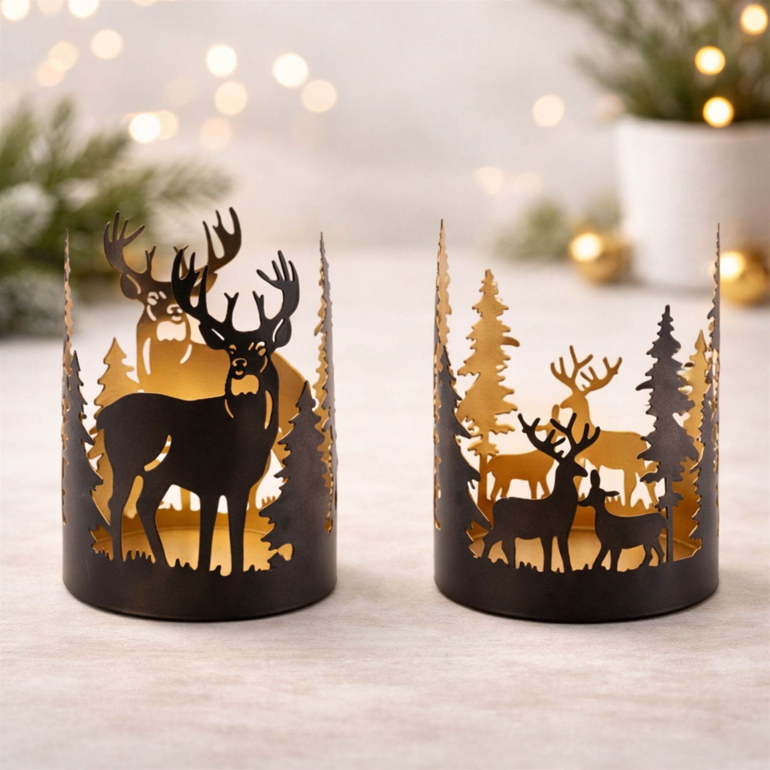Cut Metal Deer and Forest Candle Holder (Set of 2), BLACK GOLD, alternate image number 2