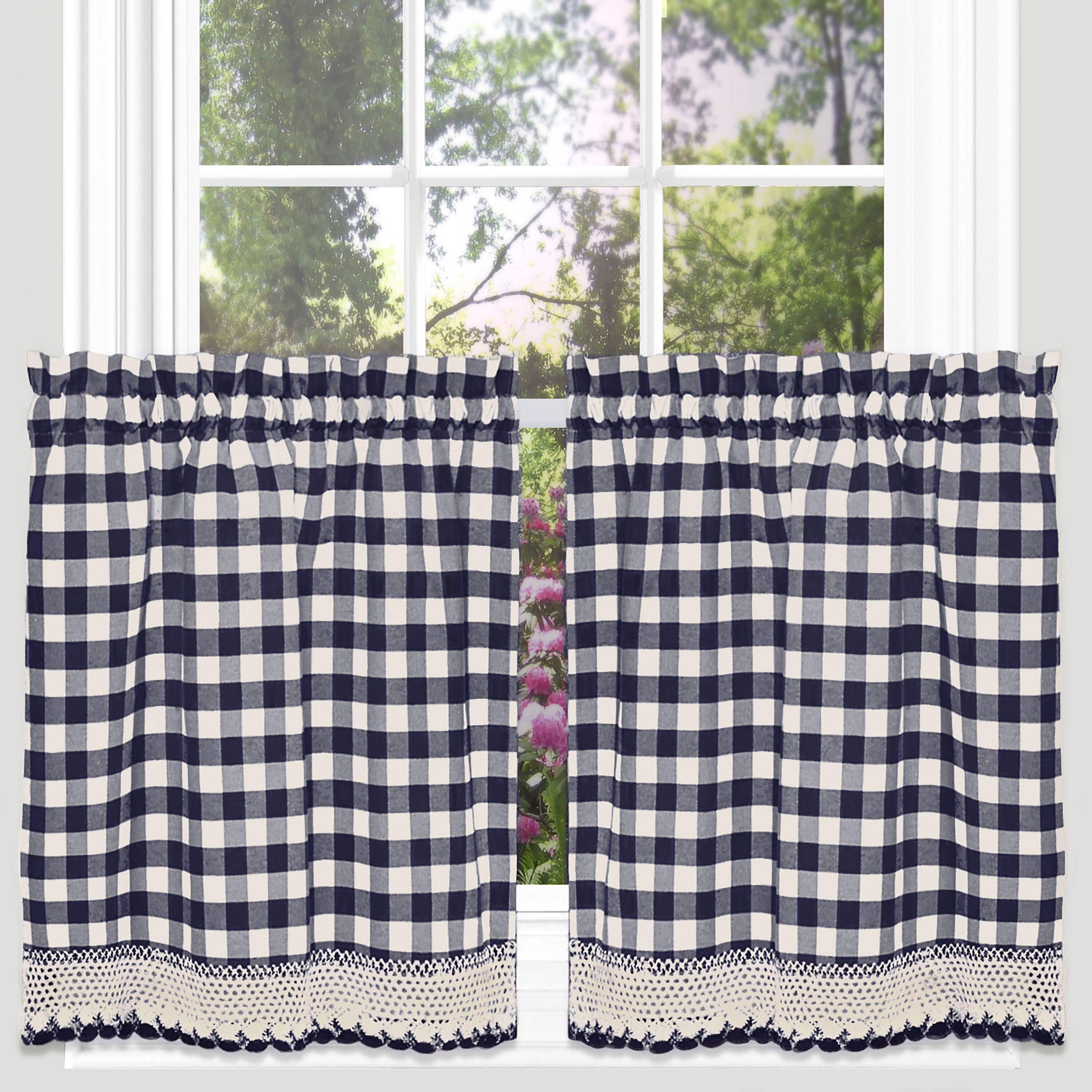Buffalo Check Window Curtain Tier Pair - 58x36 - Navy, NAVY, hi-res image number 0