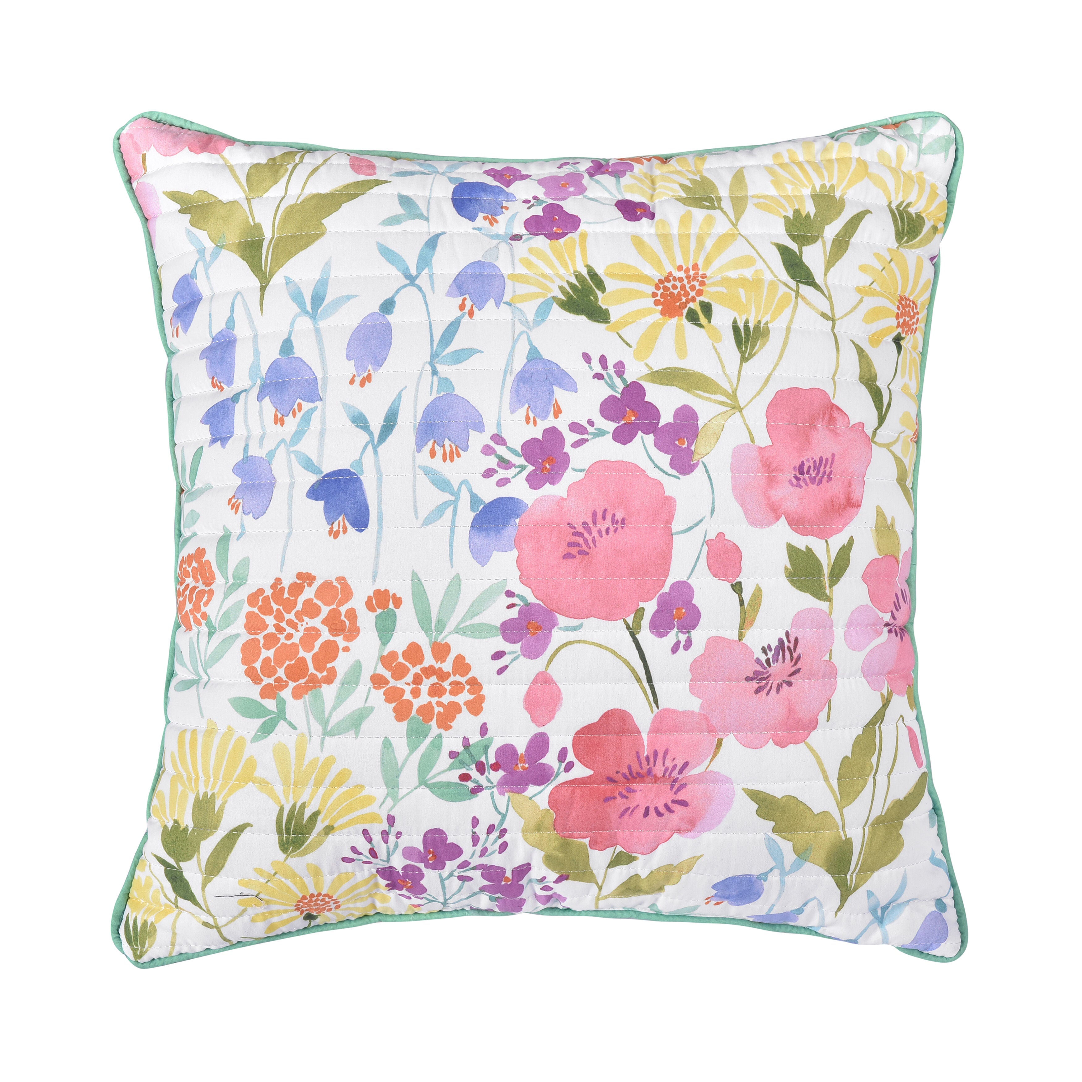 JULES 18 inches SQUARE QUILTED DECORATIVE THROW PILLOW, TURQUOISE, hi-res image number 0