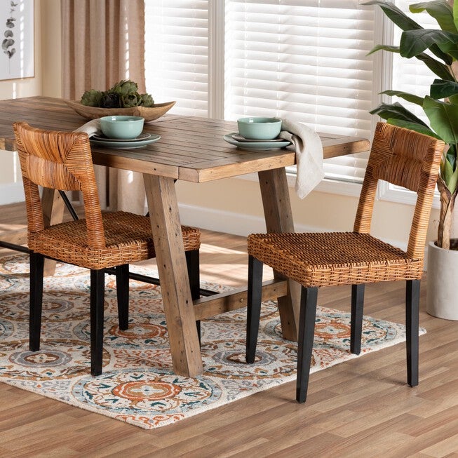 Manrico Modern Bohemian Dark Brown Finished Wood And Natural Rattan 2-Piece Dining Chair Set, , alternate image number null