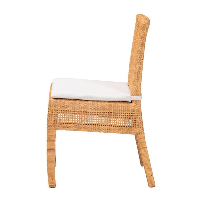 Light honey rattan dining chair with white seat cushion, side view
