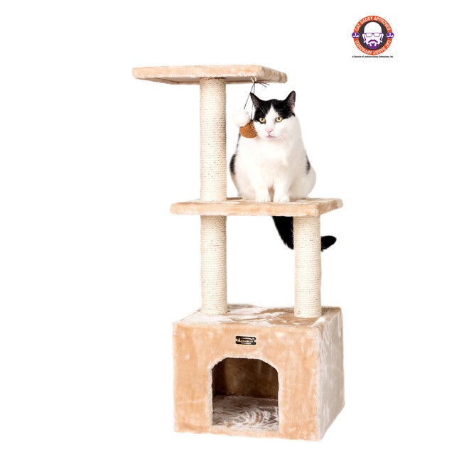 3-Tier Real Wood Cat Condo With Sisal Scratching Post 39 inches, BEIGE, hi-res image number 0