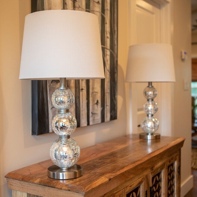 1 Set Mirrored Crackle Mercury Tri-Tiered Glass Table Lamp White Linen Hardback Shade , , alternate image number null