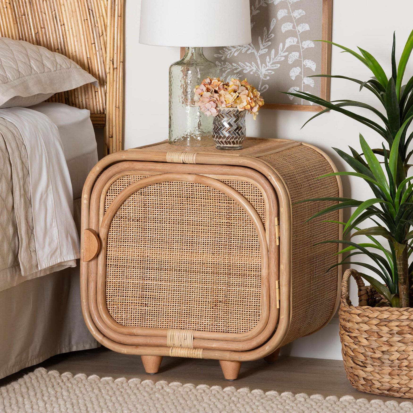 Keita Bohemian Natural Rattan and Mahogany Wood Nightstand, , alternate image number 12