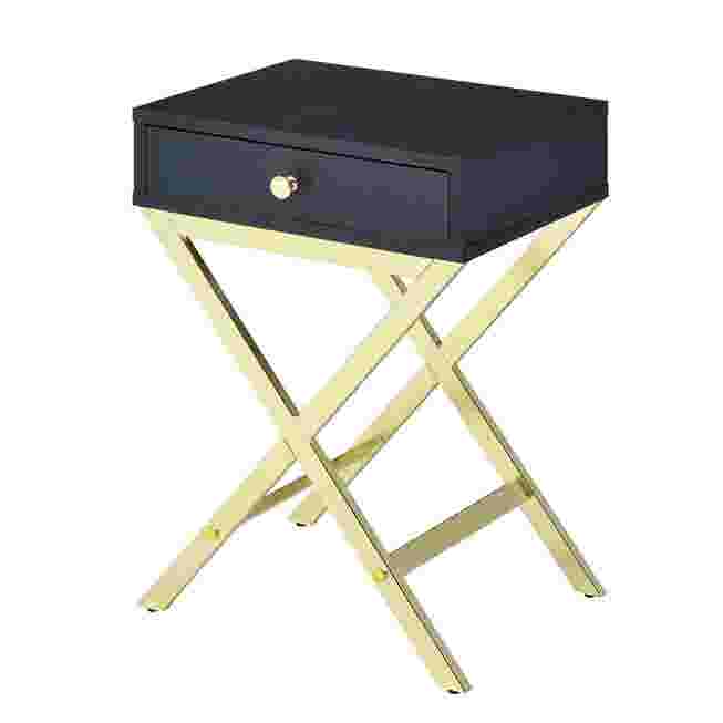 Navy blue drawer with gold X-frame legs