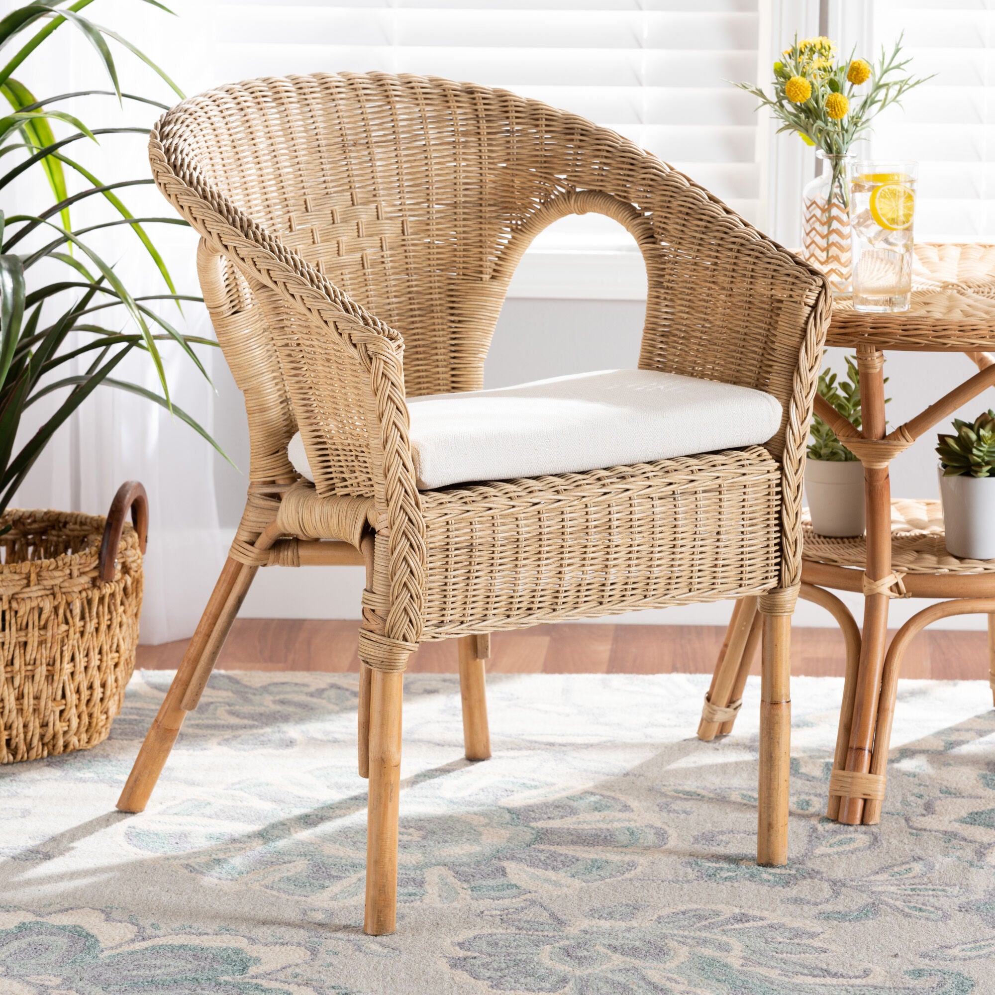 Abbey Modern Bohemian Natural Brown Antique Rattan Dining Chair, BROWN, hi-res image number 0
