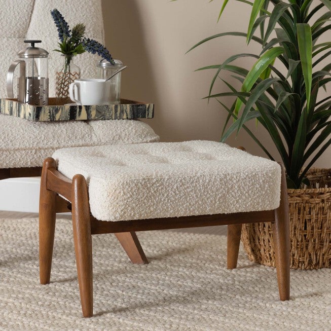Jeanine Japandi Cream Boucle Fabric And Walnut Brown Finished Rubberwood Ottoman Footstool, , alternate image number 4