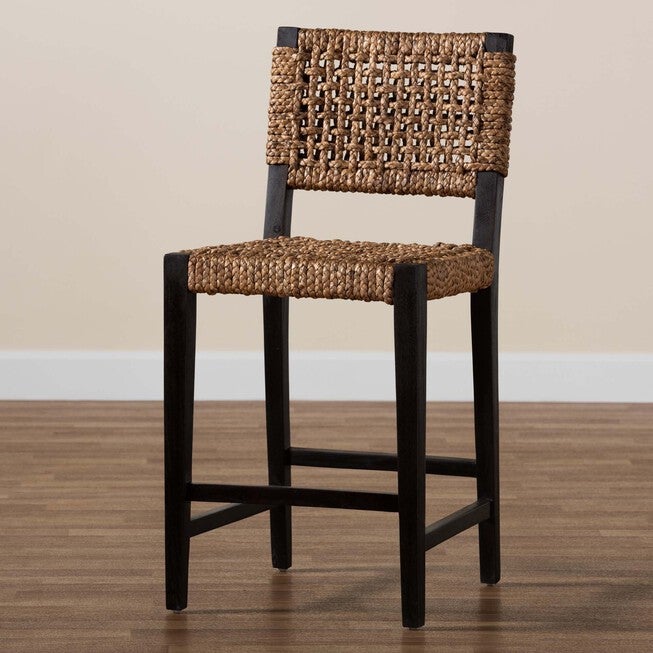 Alise Modern Bohemian Dark Brown Mahogany Wood And Seagrass Counter Stool, , alternate image number null