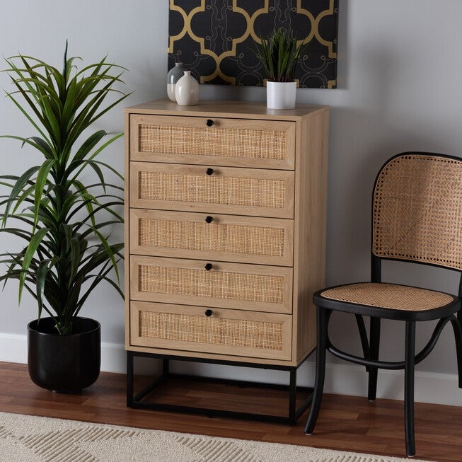 Amelia Mid-Century Modern Transitional Natural Brown Finished Wood And Natural Rattan 5-Drawer Chest, , alternate image number 7