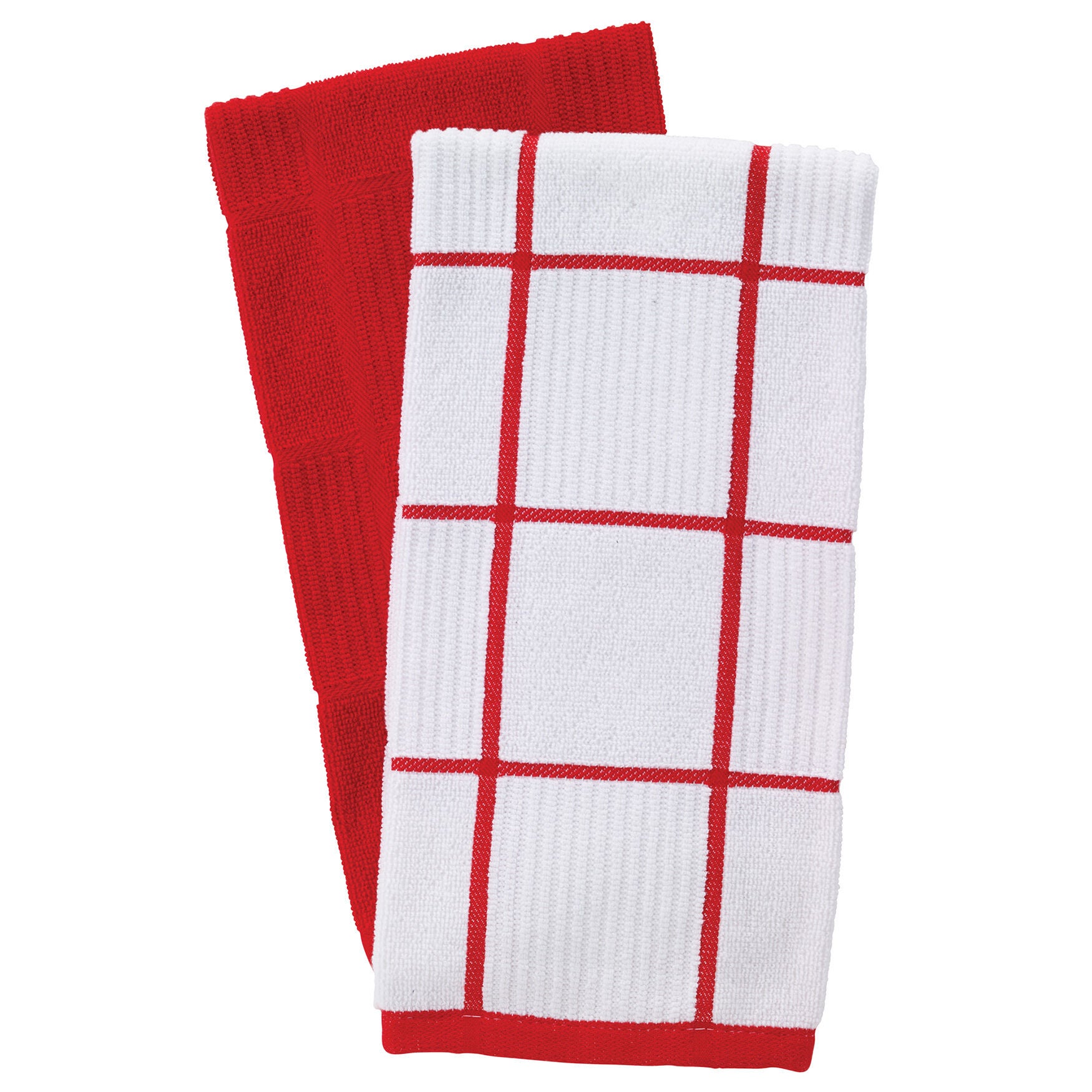 Solid And Check Parquet Kitchen Towel, Two Pack, RED, hi-res image number 0