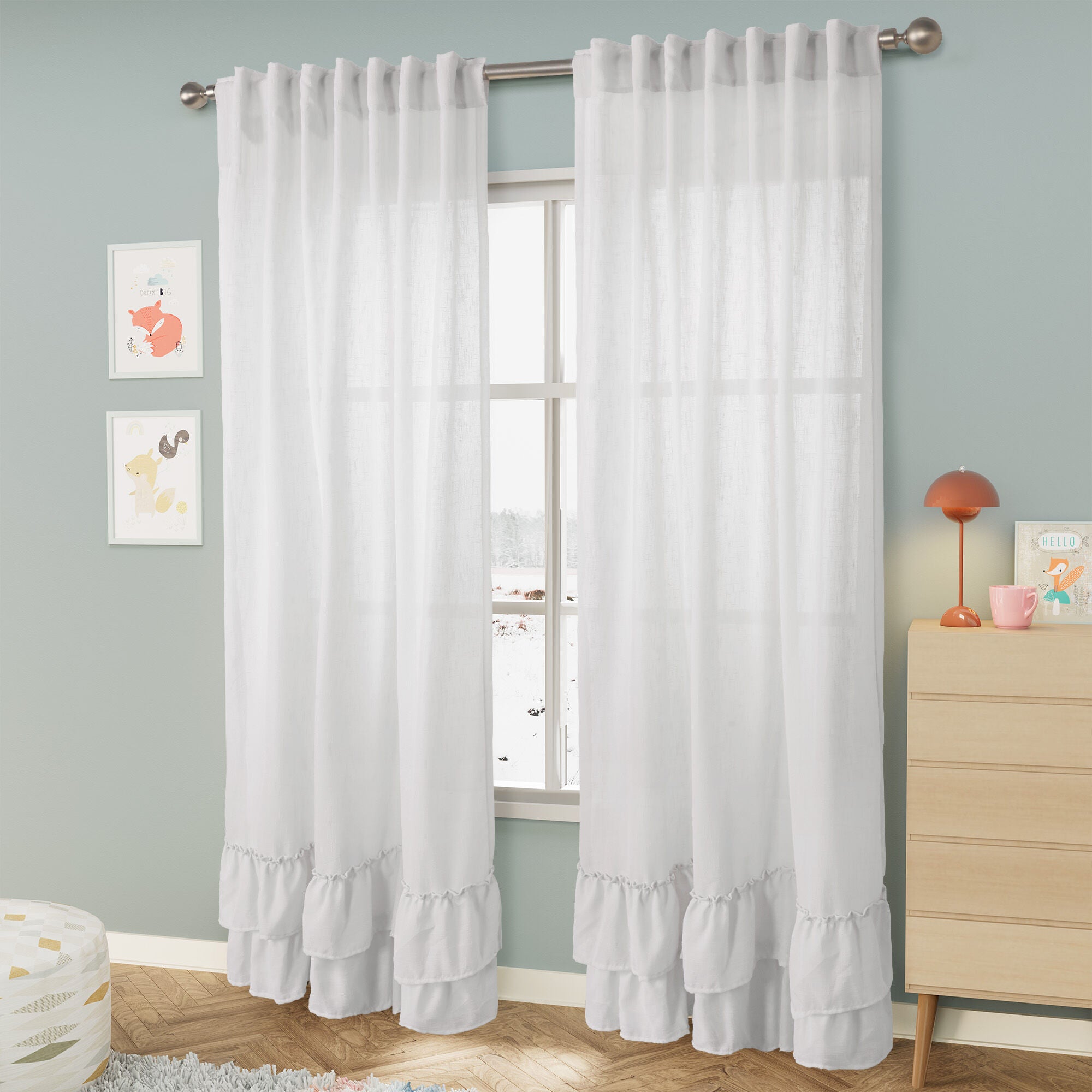 Linen Texture Double Ruffle Back Tab Curtain Pair, GREY, alternate image number 2