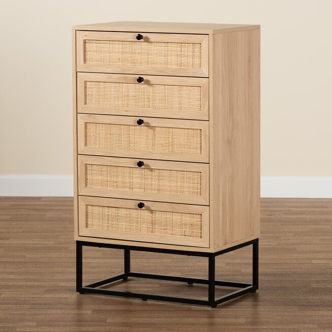 Amelia Mid-Century Modern Transitional Natural Brown Finished Wood And Natural Rattan 5-Drawer Chest, , alternate image number 8