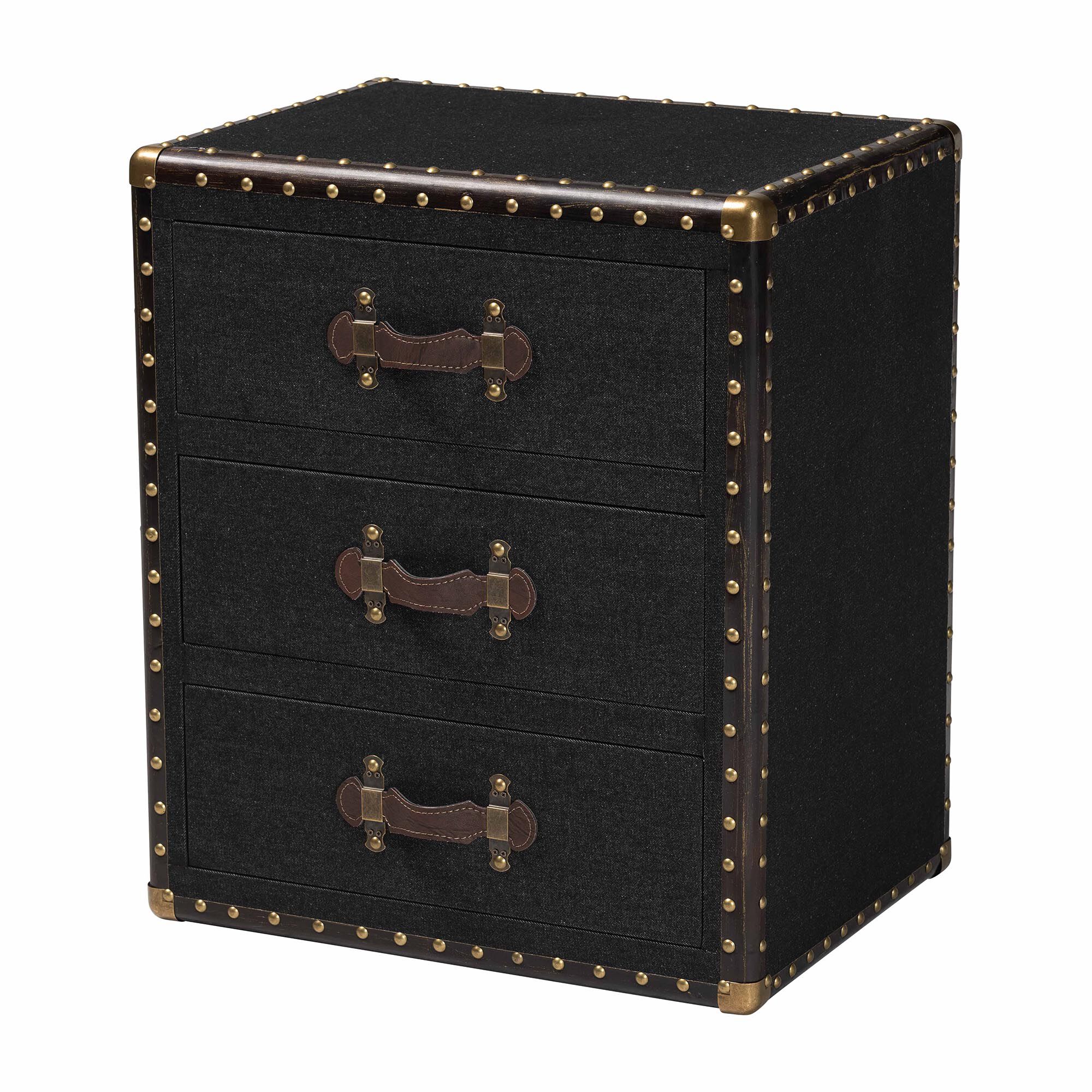 A black three-drawer storage cabinet with leather handles and brass rivets.