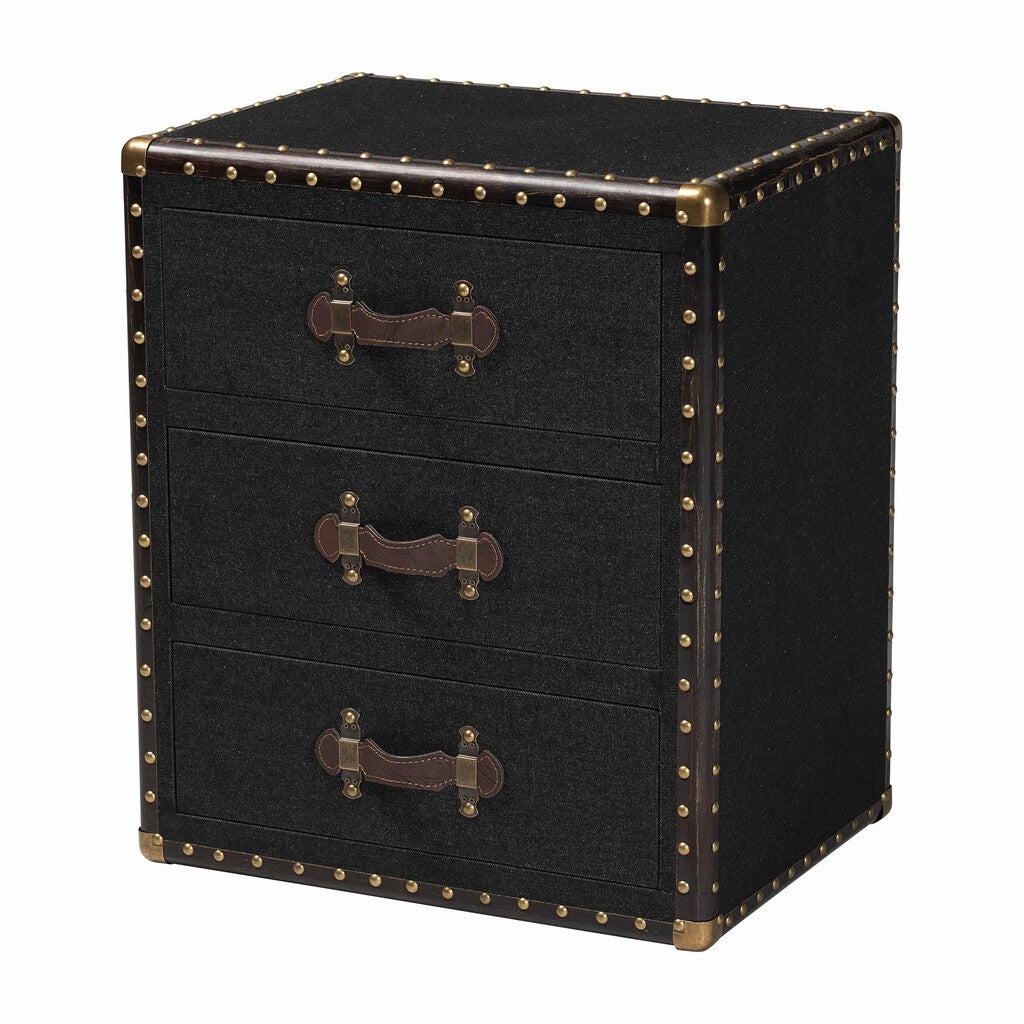A black three-drawer storage cabinet with leather handles and brass rivets.