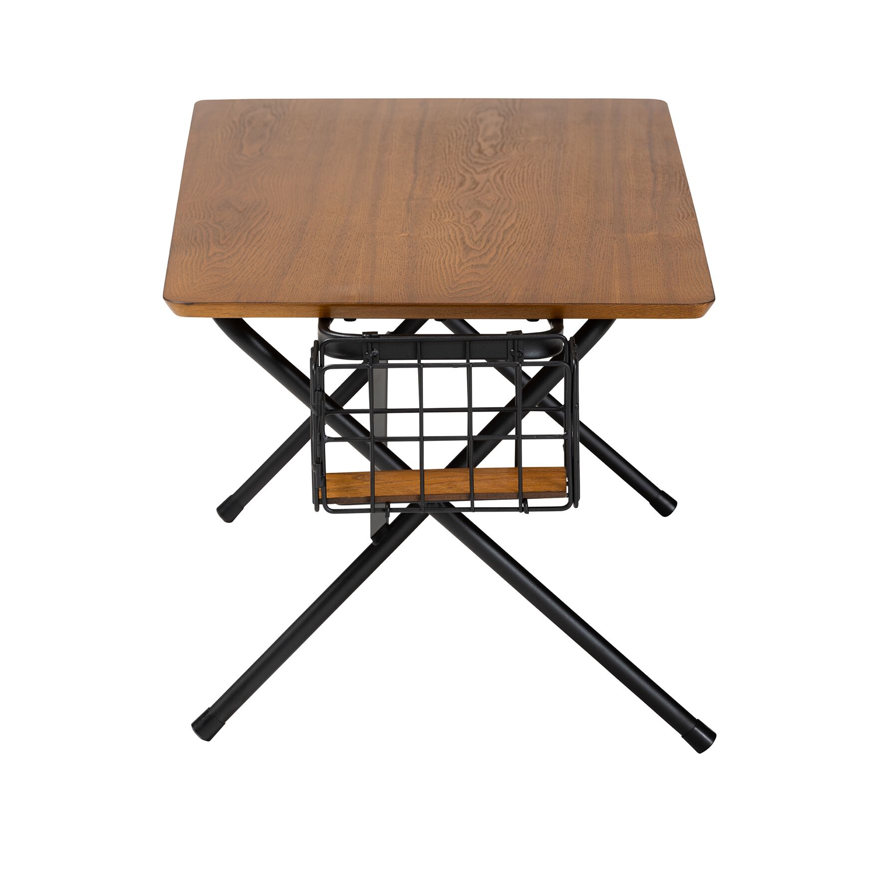 Round-cornered coffee table with wood top and black wire storage basket