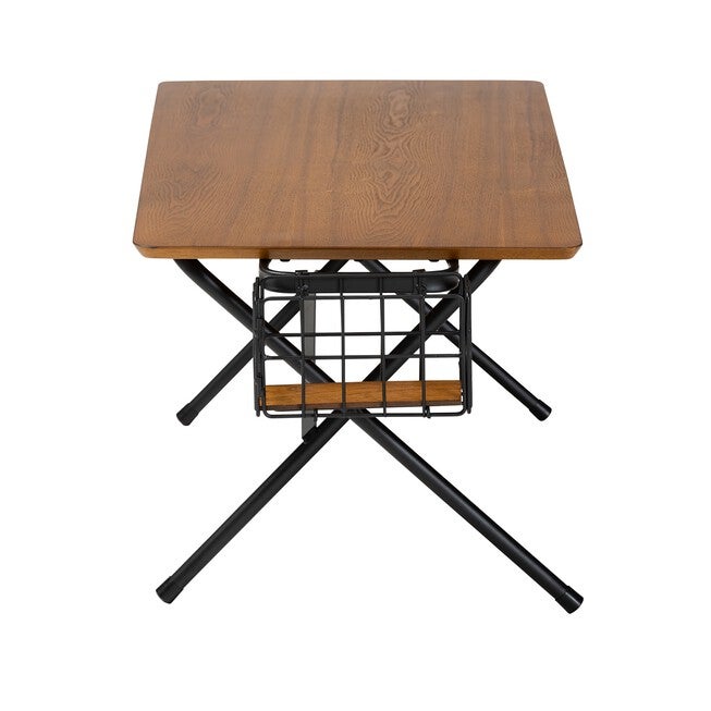 Round-cornered coffee table with wood top and black wire storage basket