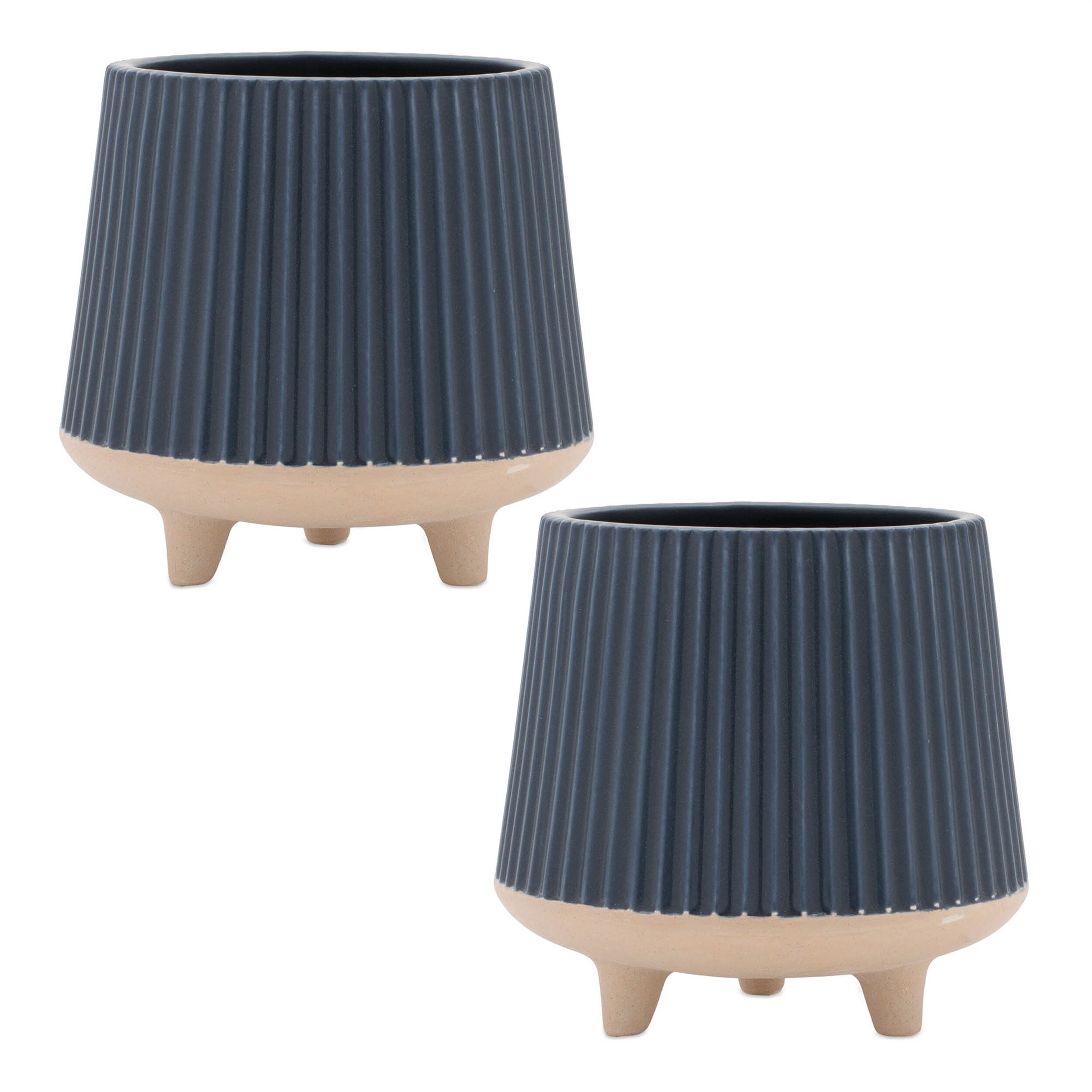 Ceramic Ribbed Footed Planter Set of 2, BLUE BEIGE, alternate image number 1