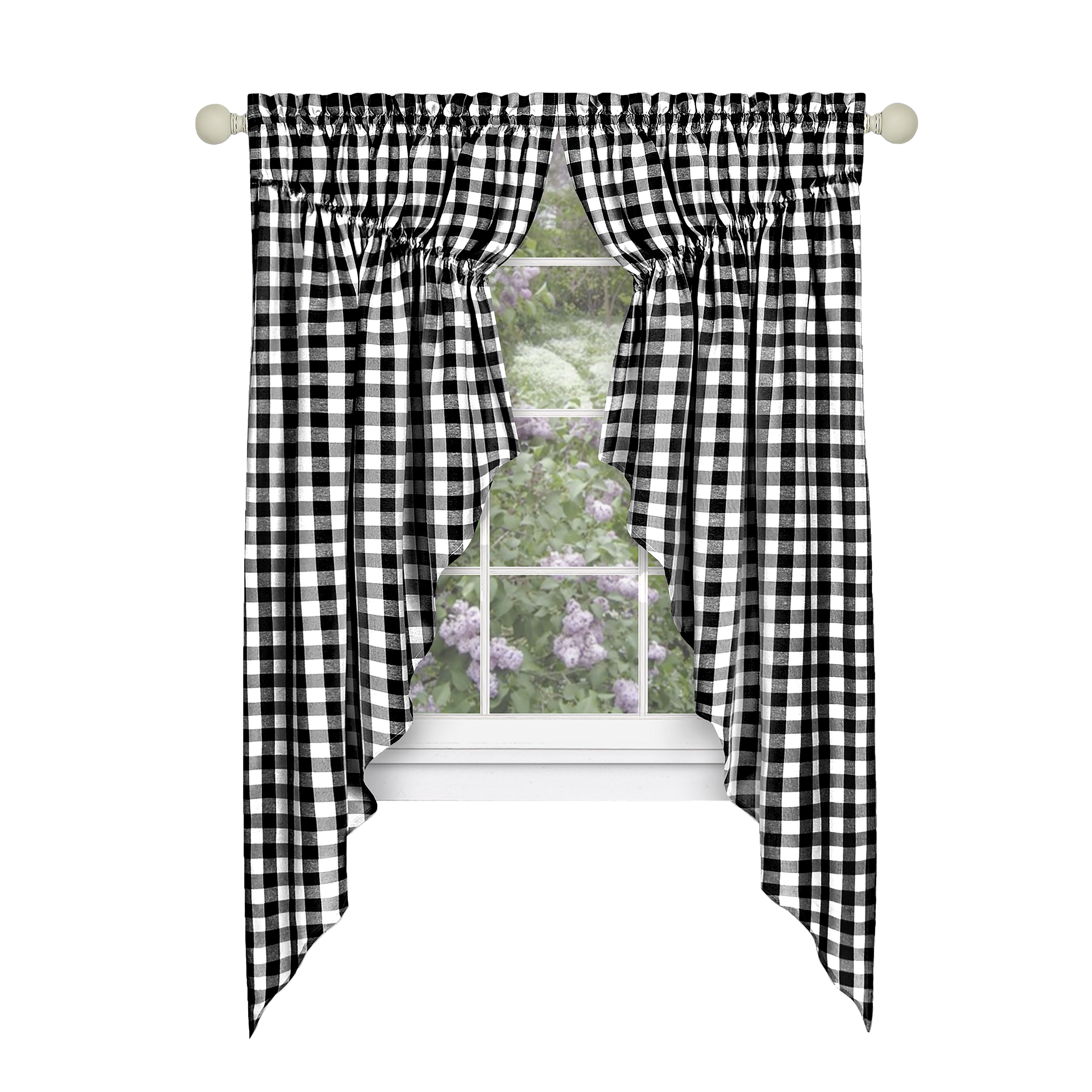 Buffalo Check Gathered Swag Window Curtain Pair, BLACK, alternate image number 1