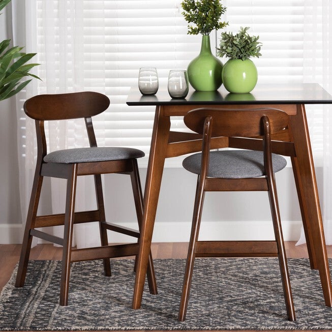 Ulyana Mid-Century Modern Grey Fabric And Natural Brown Finished Wood 2-Piece Counter Stool Set, , alternate image number 12