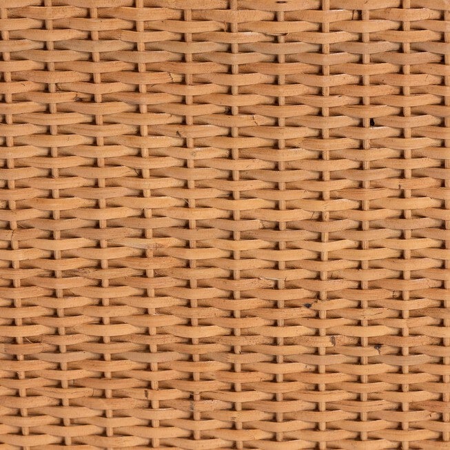 Close-up of tight woven rattan texture on natural end table